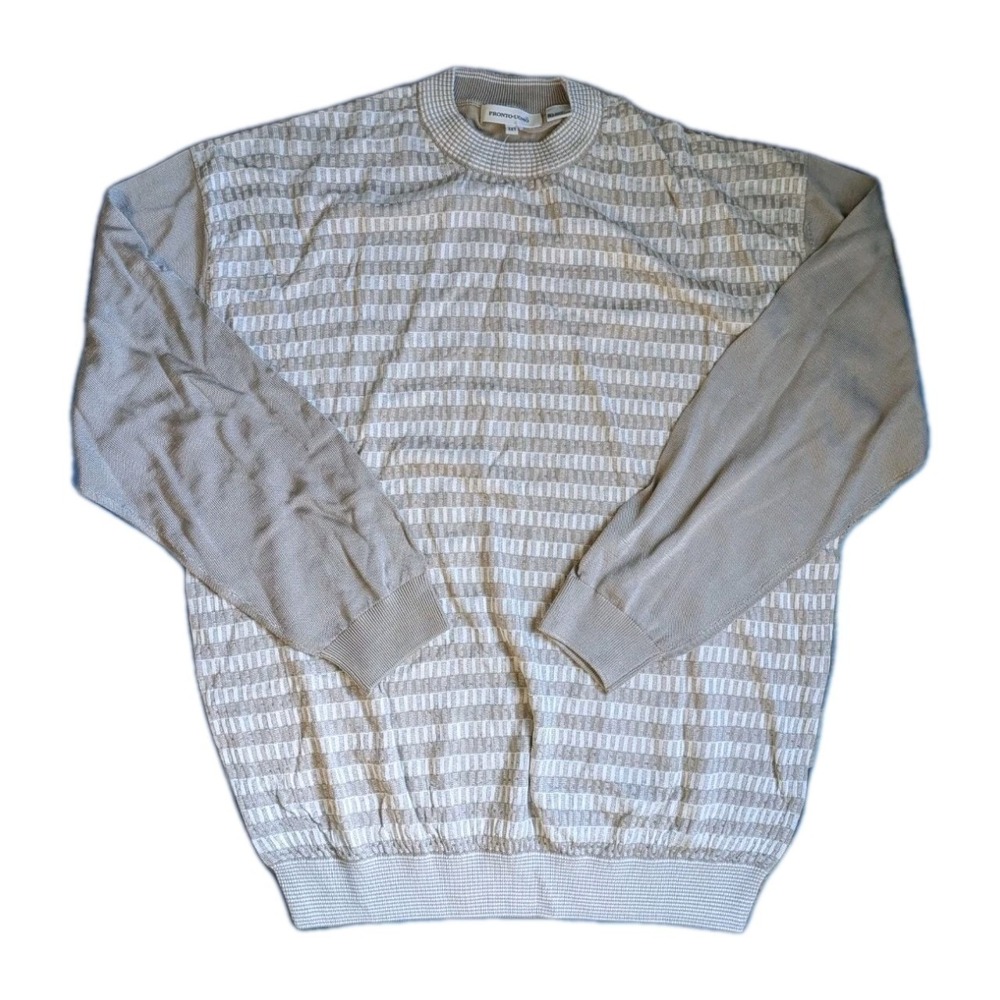 Vtg Pronto Uomo‎ Sweater 2XL Beige Knit Rayon Cotton Mens Pullover Hong Kong XXL